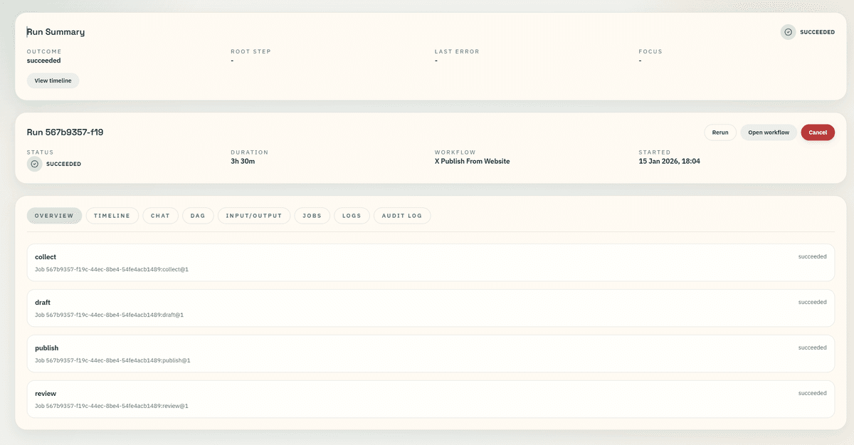 Cordum run timeline with policy decisions and approval checkpoints