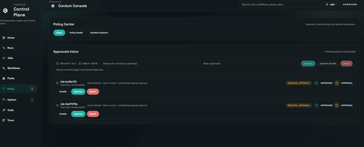 Cordum dashboard showing workflow graph and run status